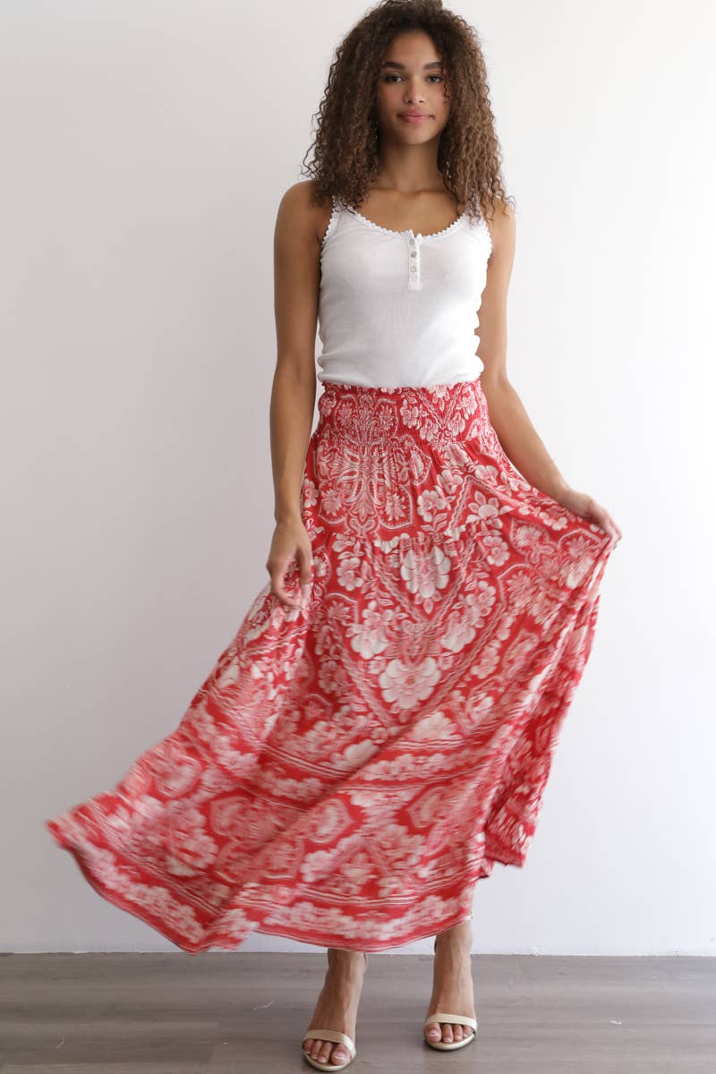 Angie Printed Tiered A-Line Maxi Skirt with Smocked Waist in Americana