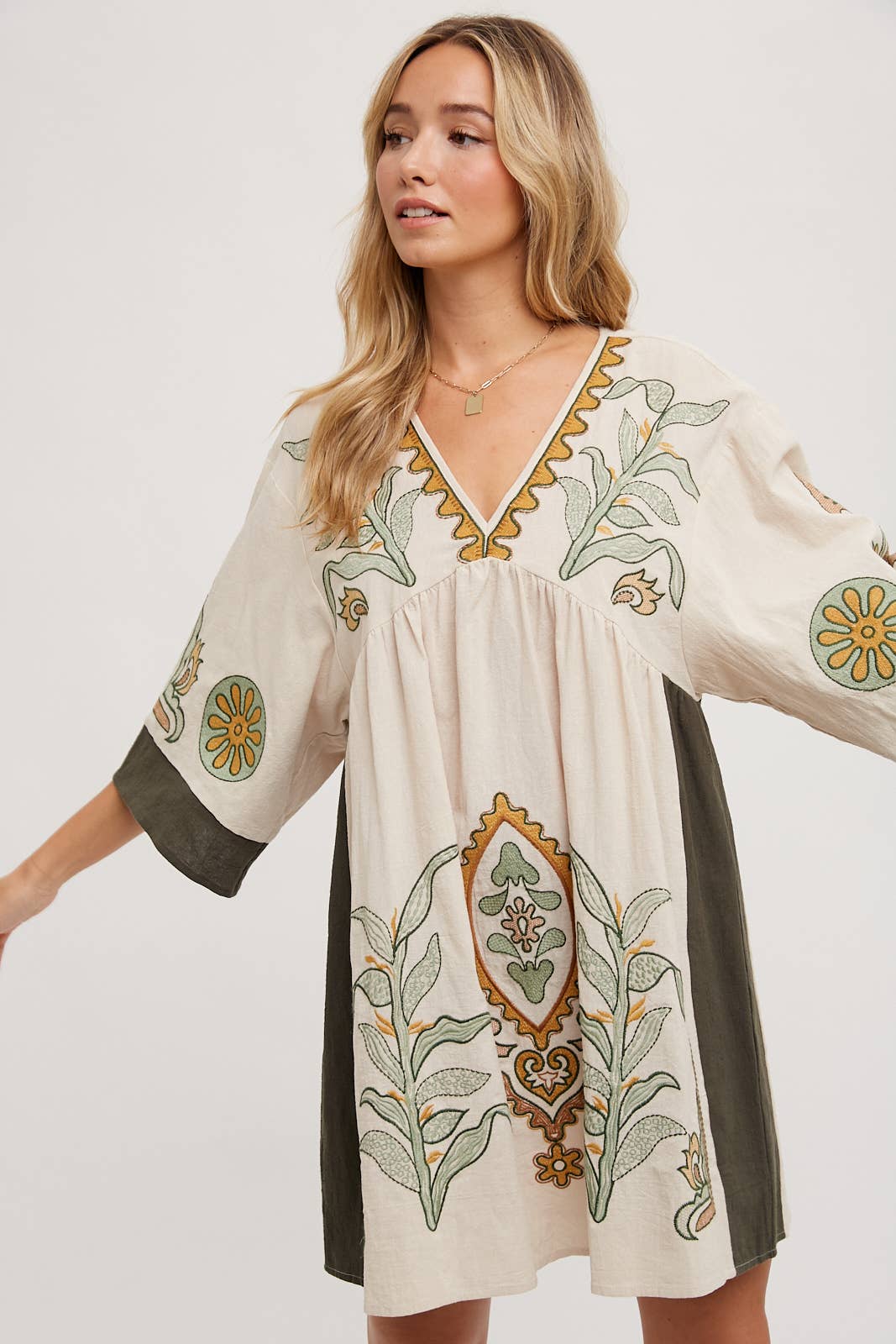 Bluivy Boho Embroidered Babydoll Dress - Sage