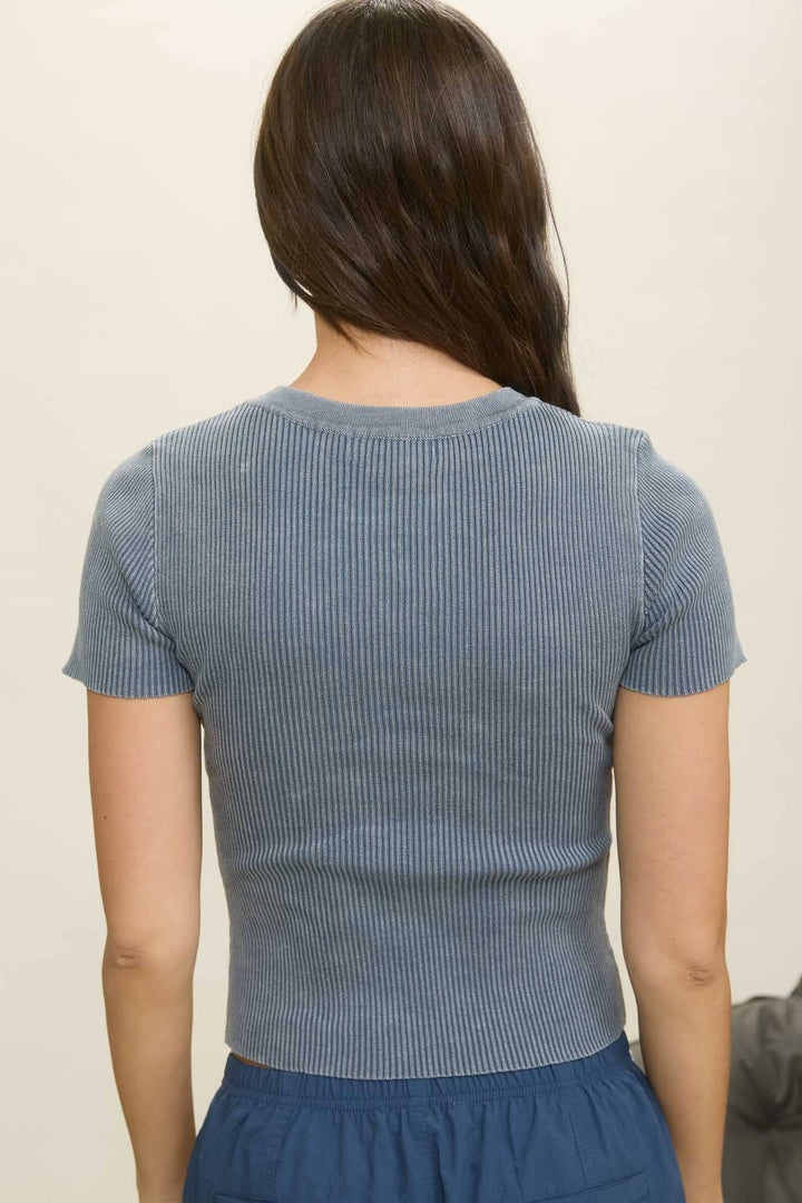 Blu Pepper Washed Ribbed Short Sleeve Cropped Knit Tee in Slate Blue back