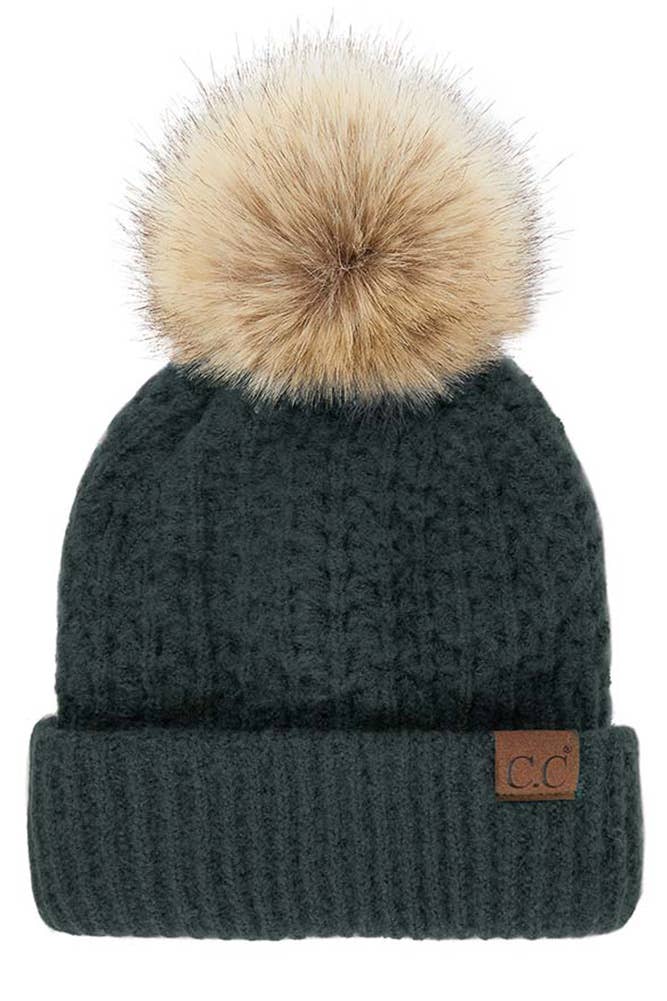 Hana - C.C. Smocking-Stitch Cuffed Pom Beanie forest
