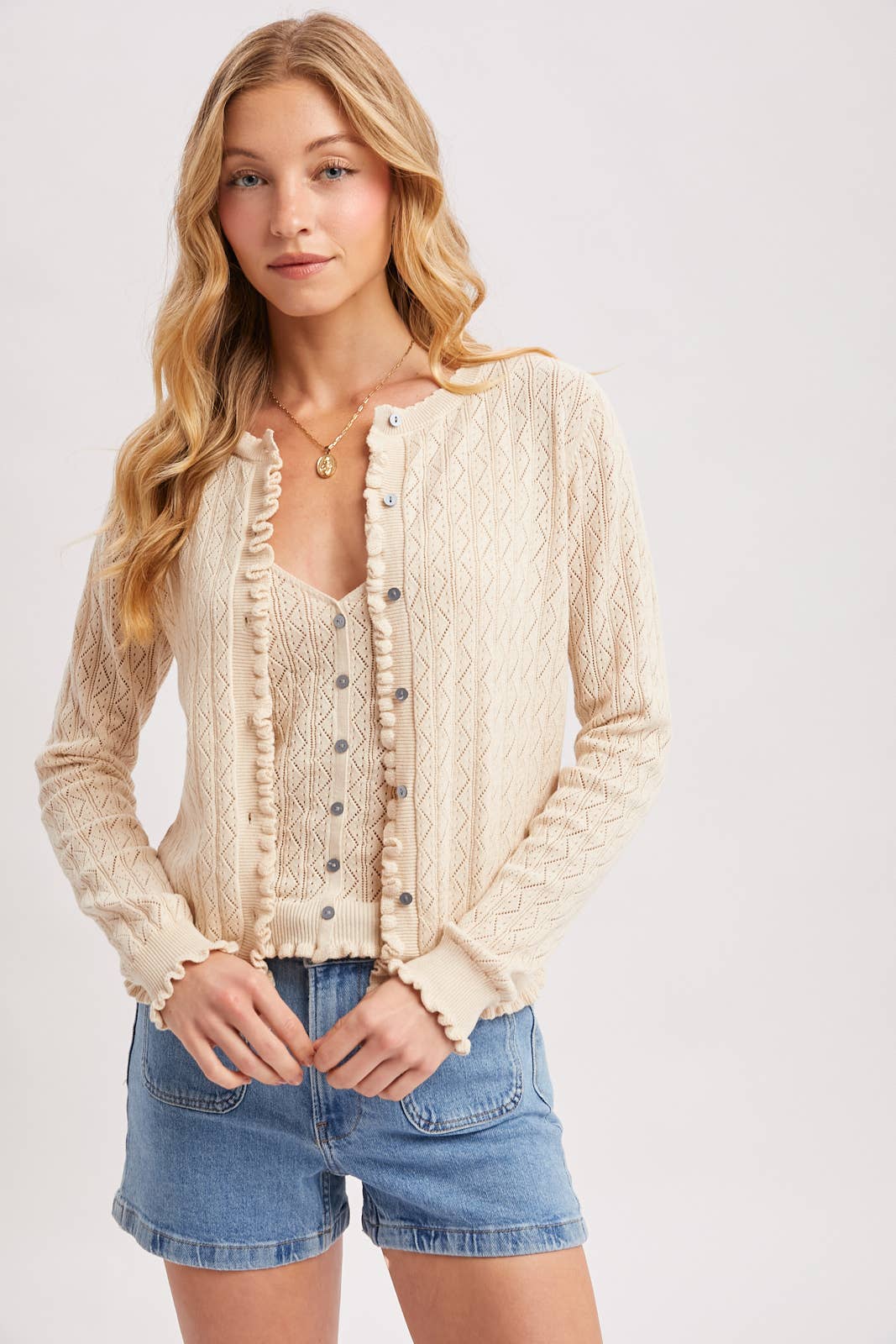 Bluivy Pointelle Knit Ruffled Hem Cami - Natural