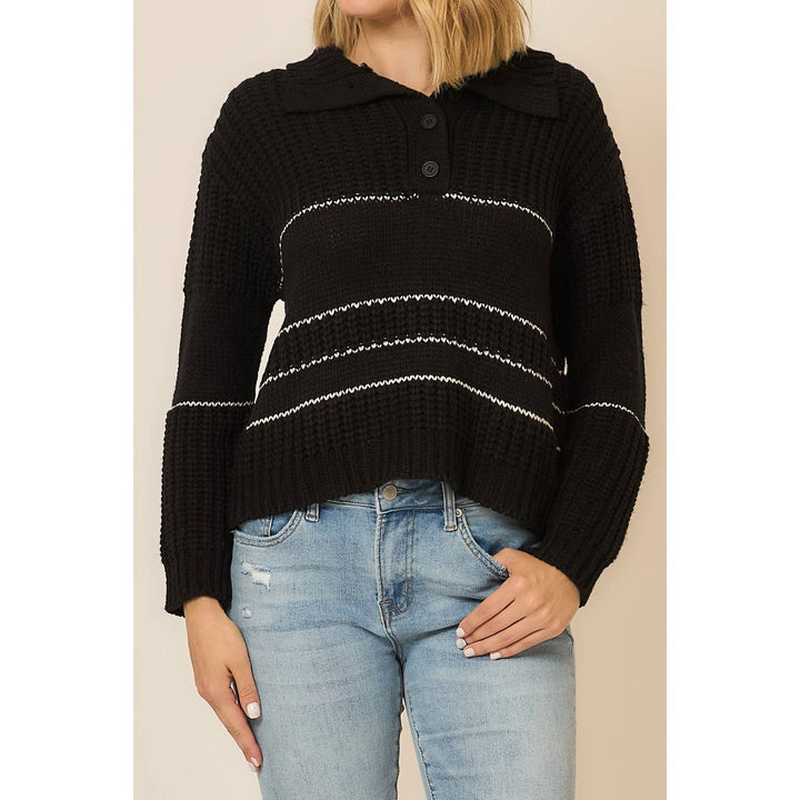 Button Up Knit Sweater with Contrast Stripes in Black 4