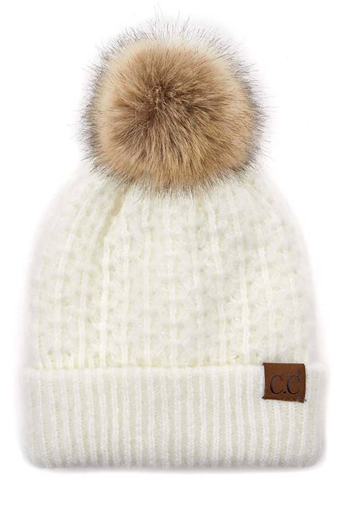 Hana - C.C. Smocking-Stitch Cuffed Pom Beanie in ivory