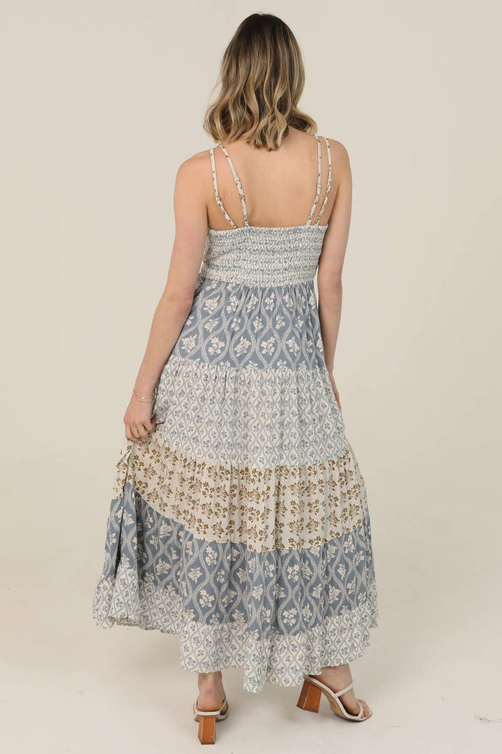 Angie V-Neck Mix Print Lace Trim Maxi Dress in Vintage Blue back 2