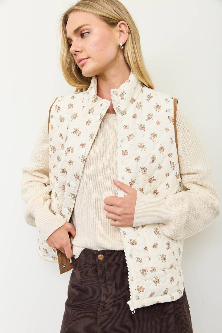 Blu Pepper - Cream Multi Floral Quilted Zip-Front Vest 3