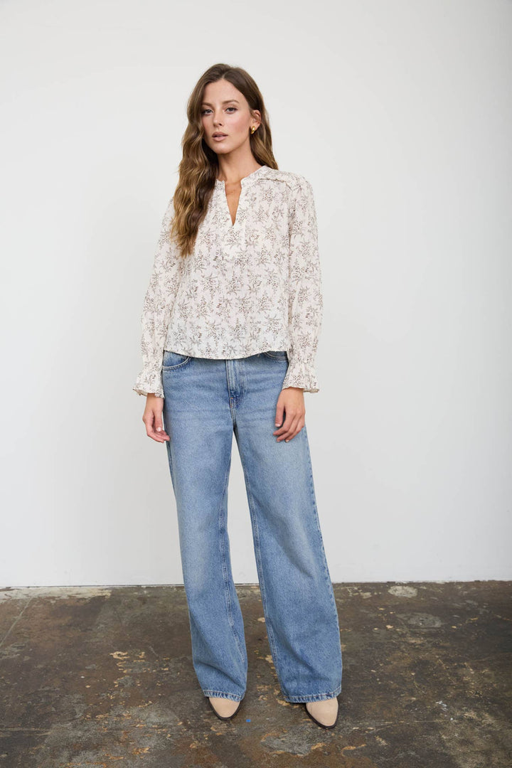 Blu Pepper - Floral Leaf Print Split Neck Long Sleeve Blouse