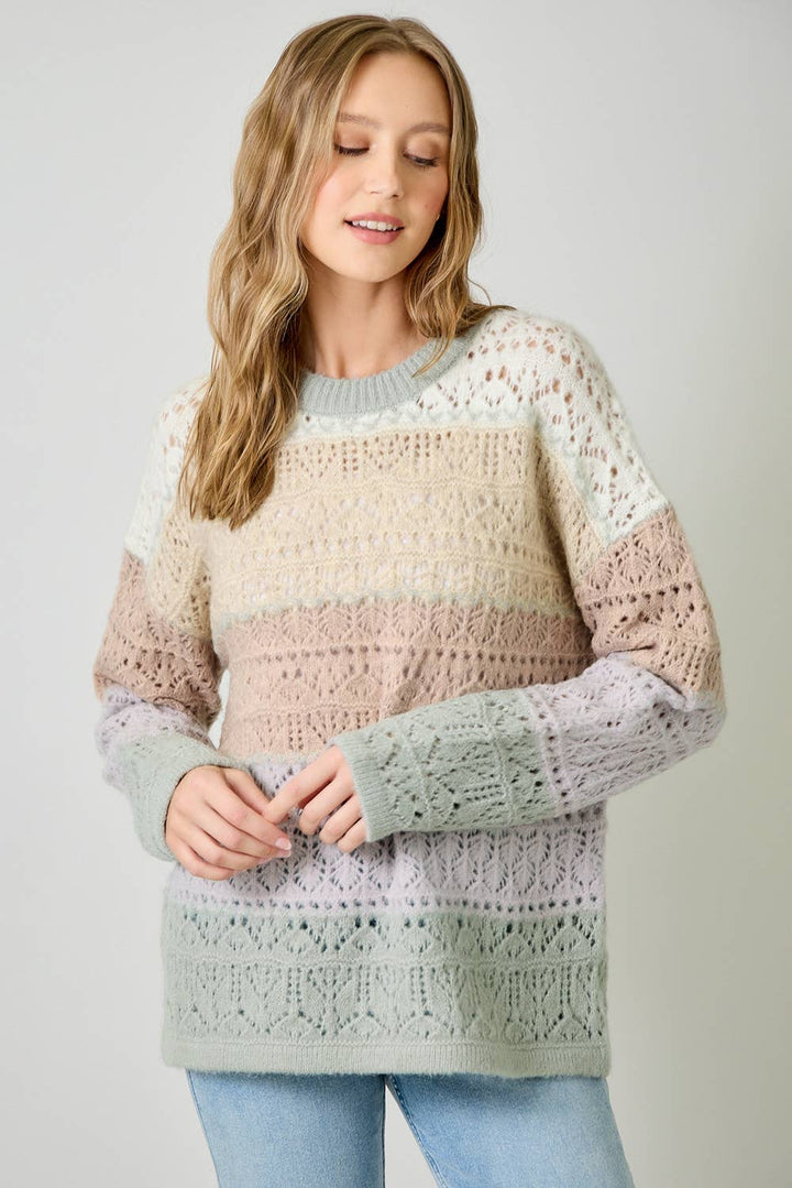 Mystree Color-Block Pointelle Sweater - Ivory Oatmeal 2