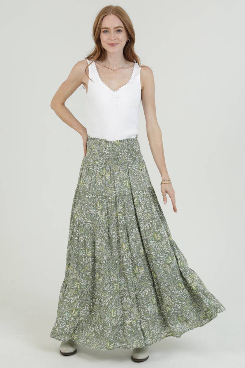 Angie Tiered Maxi Skirt with Smocked Waistband Green