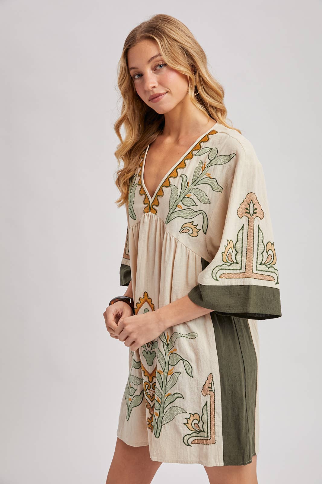 Bluivy Boho Embroidered Babydoll Dress - Sage