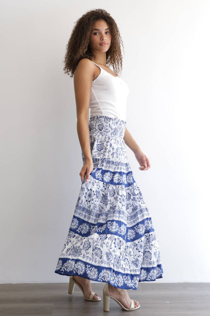 Angie Printed A-Line Tiered Maxi Skirt with Smocked Waist in Ivory-Blue 3