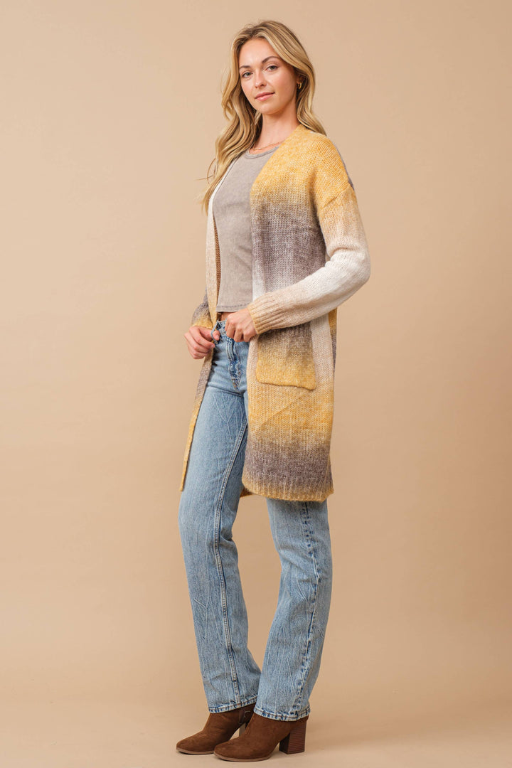 Ombre Brushed Yarn Knit Open Cardigan mustard2