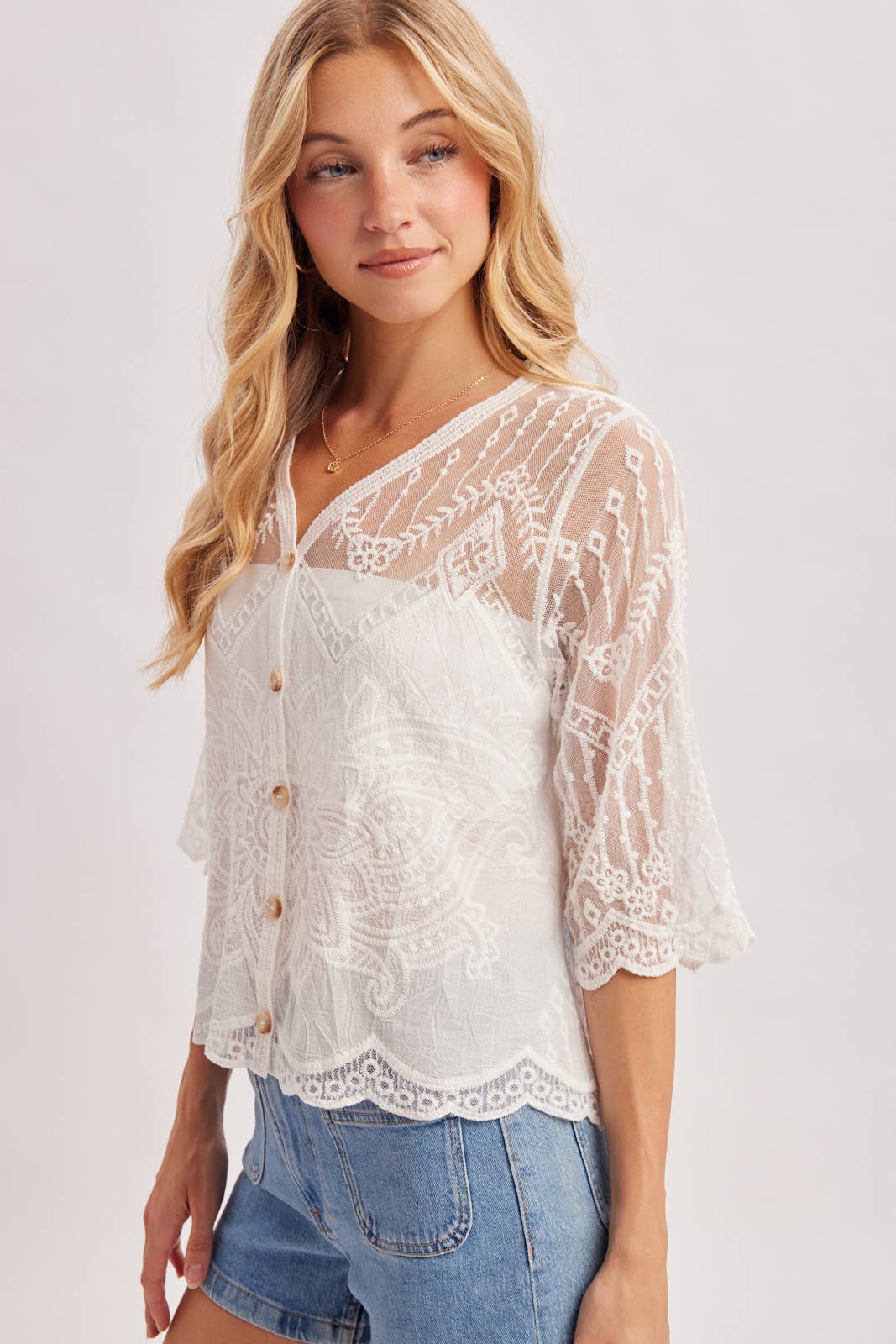 Bluivy Embroidered Mesh Button Down Blouse - Ivory
