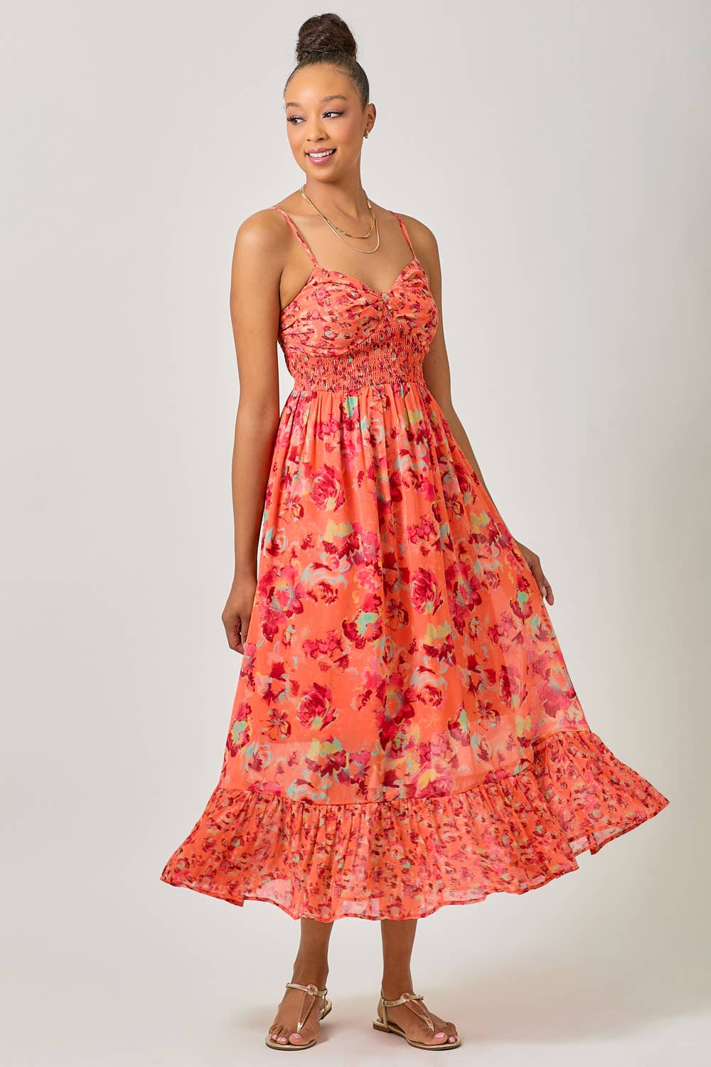 Mystree - Twist Adorn Neckline Printed Maxi Dress in Tomato front