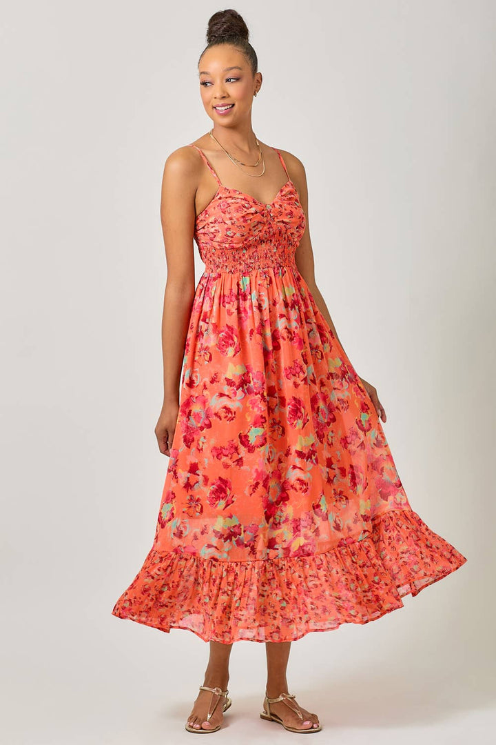 Mystree - Twist Adorn Neckline Printed Maxi Dress in Tomato front