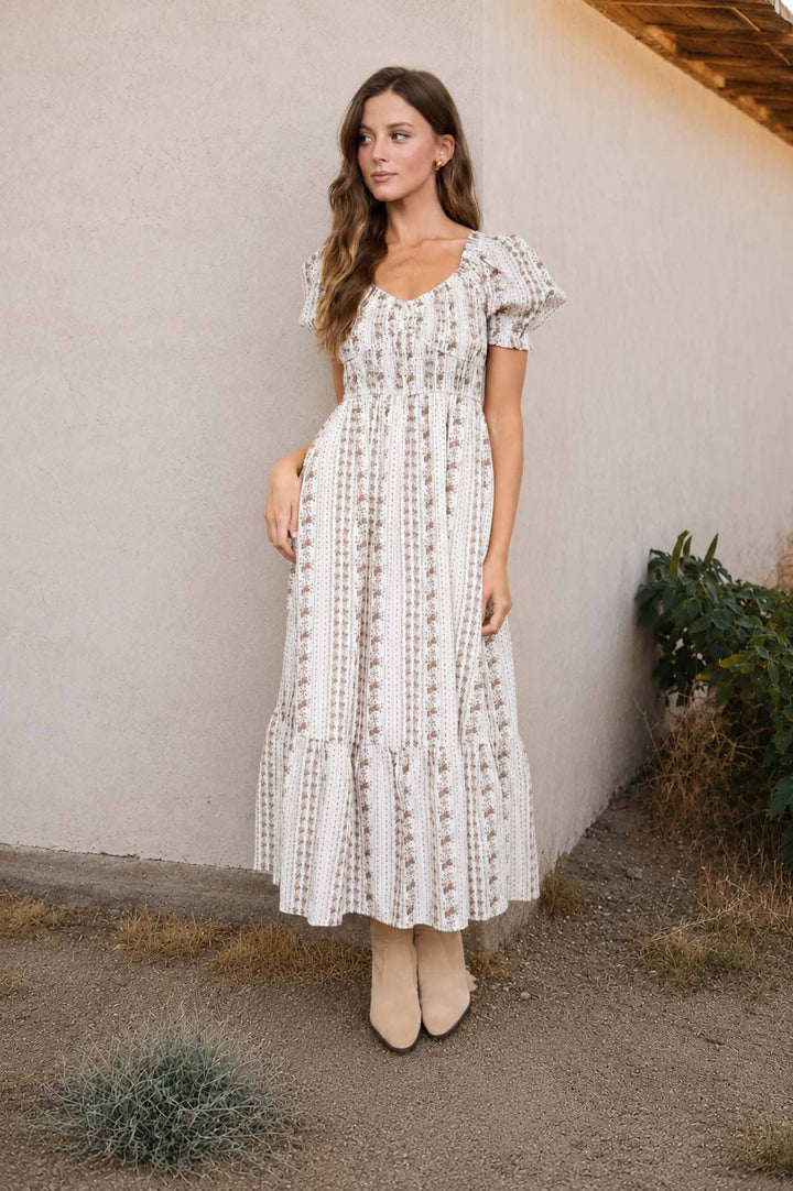 Blu Pepper - Floral Stripe Puff Sleeve Ruffled Midi Dress in Brown 3