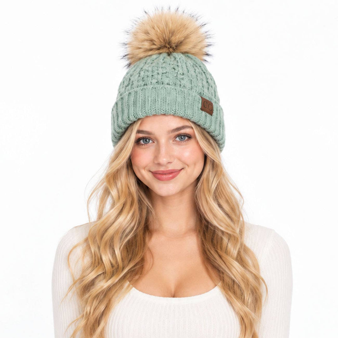 Hana - C.C. Smocking-Stitch Cuffed Pom Beanie winter mint