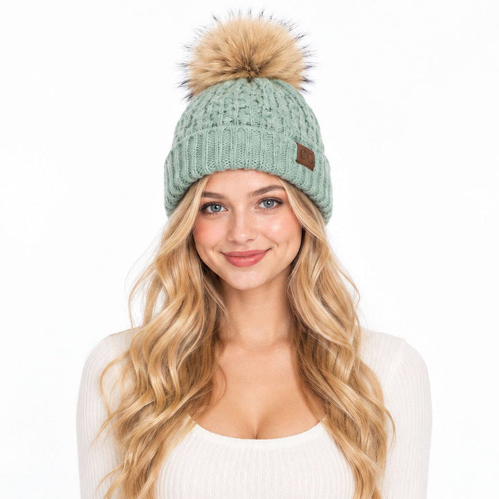 Hana - C.C. Smocking-Stitch Cuffed Pom Beanie winter mint