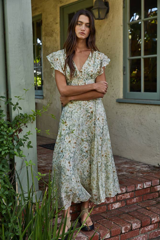 By Together - Woven Floral Print V-Neck Ruffle Top in Ivory Green 3