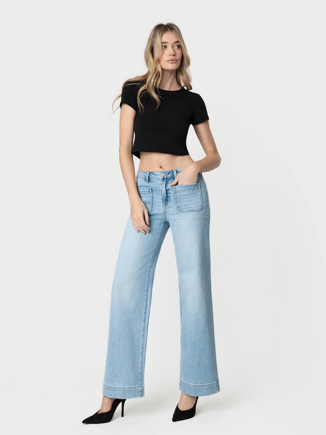Flying Monkey High Rise Light Wash Trouser Hem Wide Jeans in Dignity 5