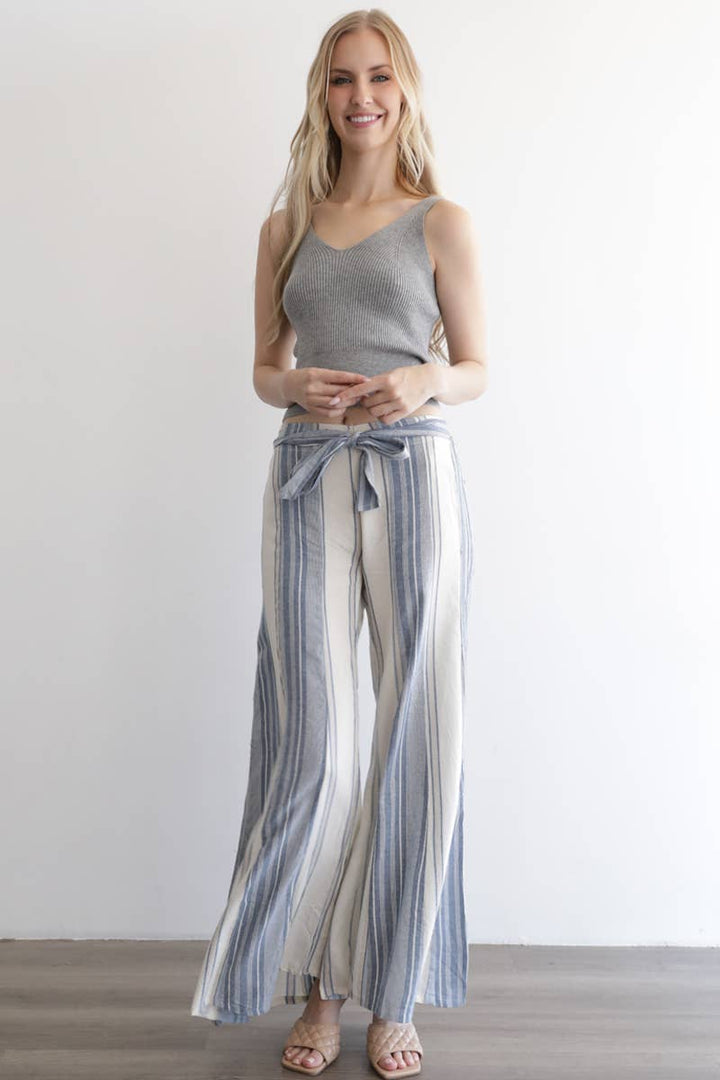 Angie Mixed Stripes Flare Leg Tie Waist Pants in Blue