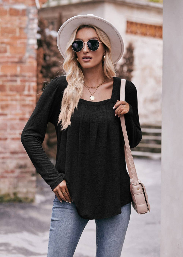 Pleated Square Neck Long Sleeve Top blk