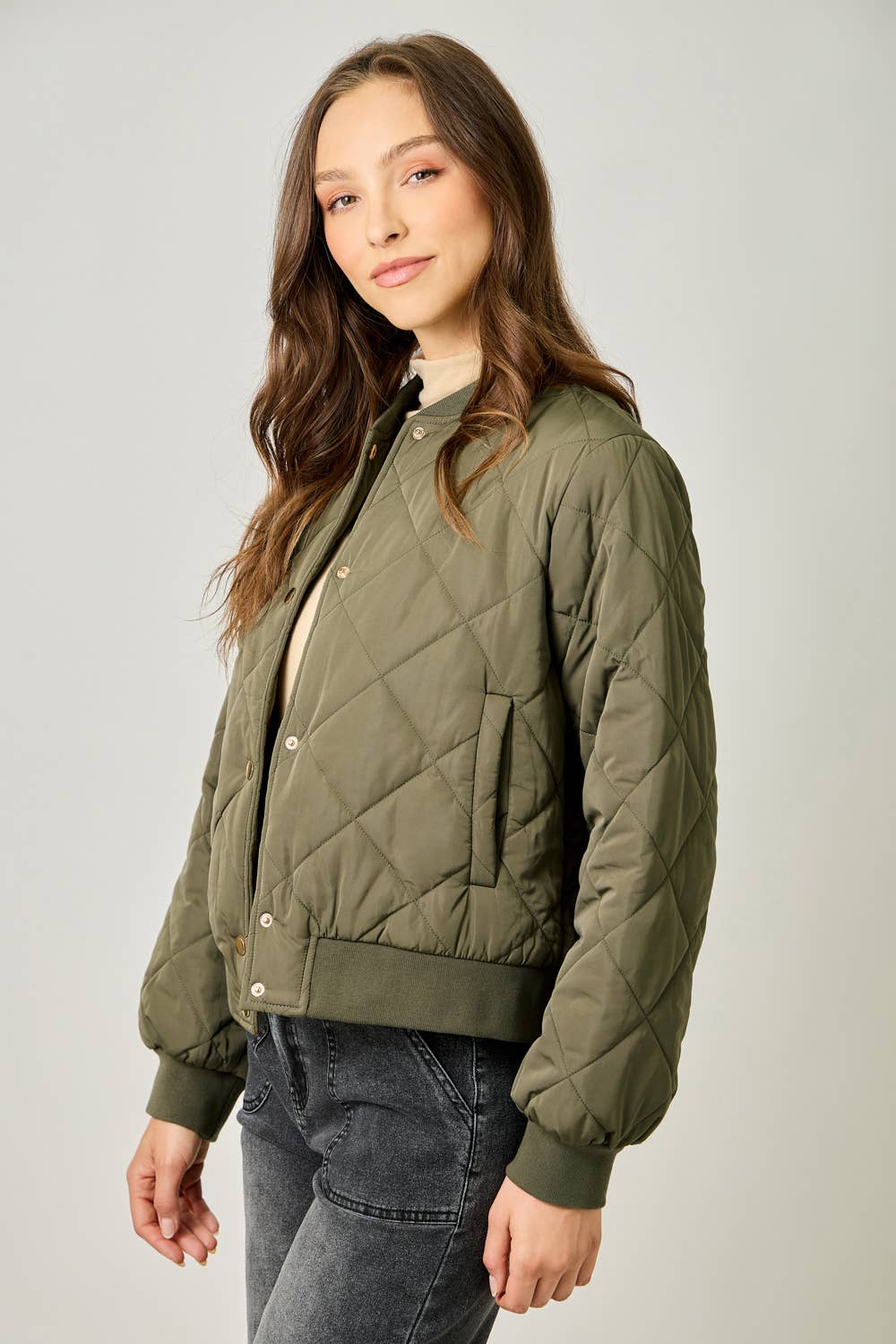 Mystree Olive Quilted Bomber Jacket Olive 4