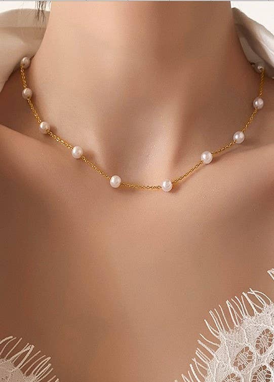 Titanium Steel Pearl Station Necklace – Tarnish-Free Gold | JOSSLYN