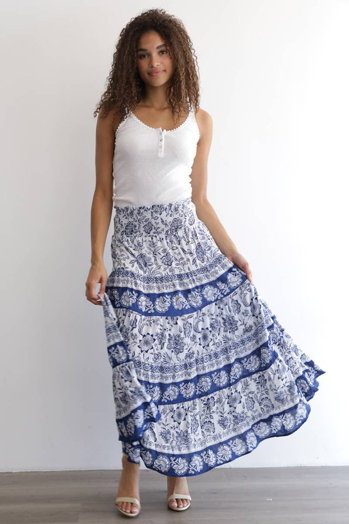 Angie Printed A-Line Tiered Maxi Skirt with Smocked Waist in Ivory-Blue