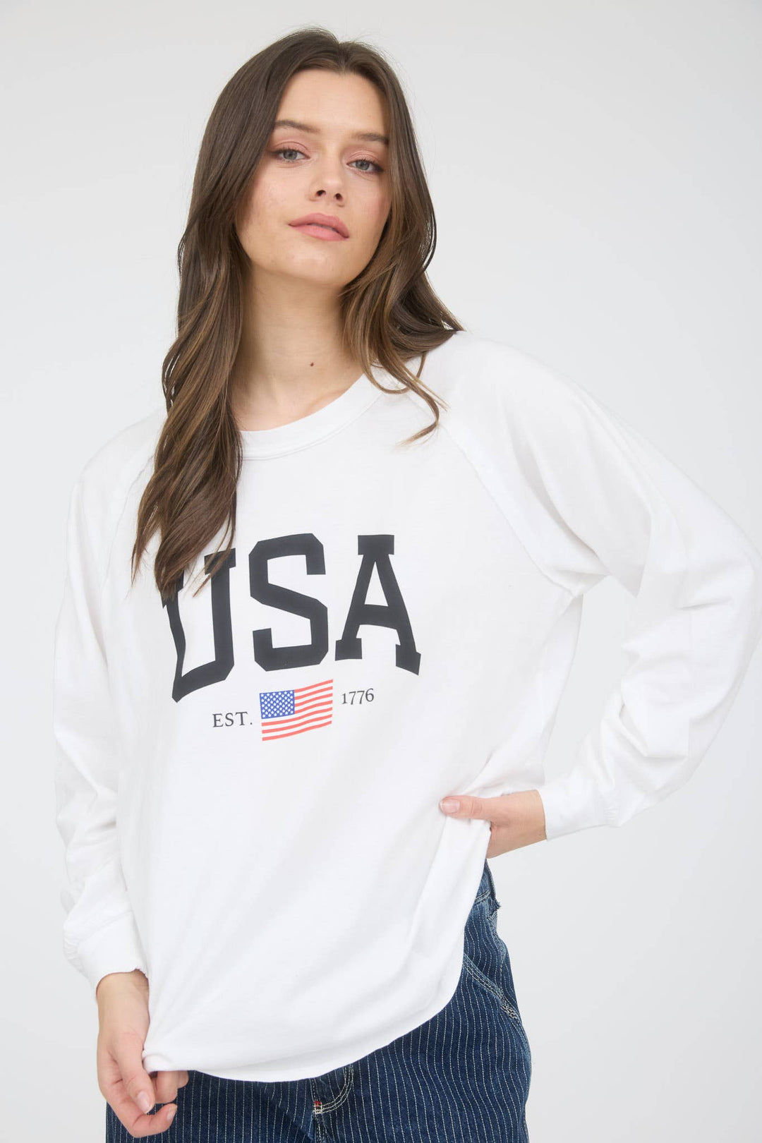 Blu Pepper - USA Graphic Raglan Long Sleeve Knit Top in White