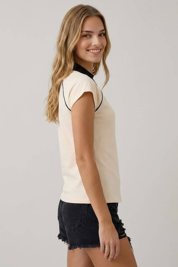 Doe and Rae - Contrast Collar Baseball Tee Cream 1