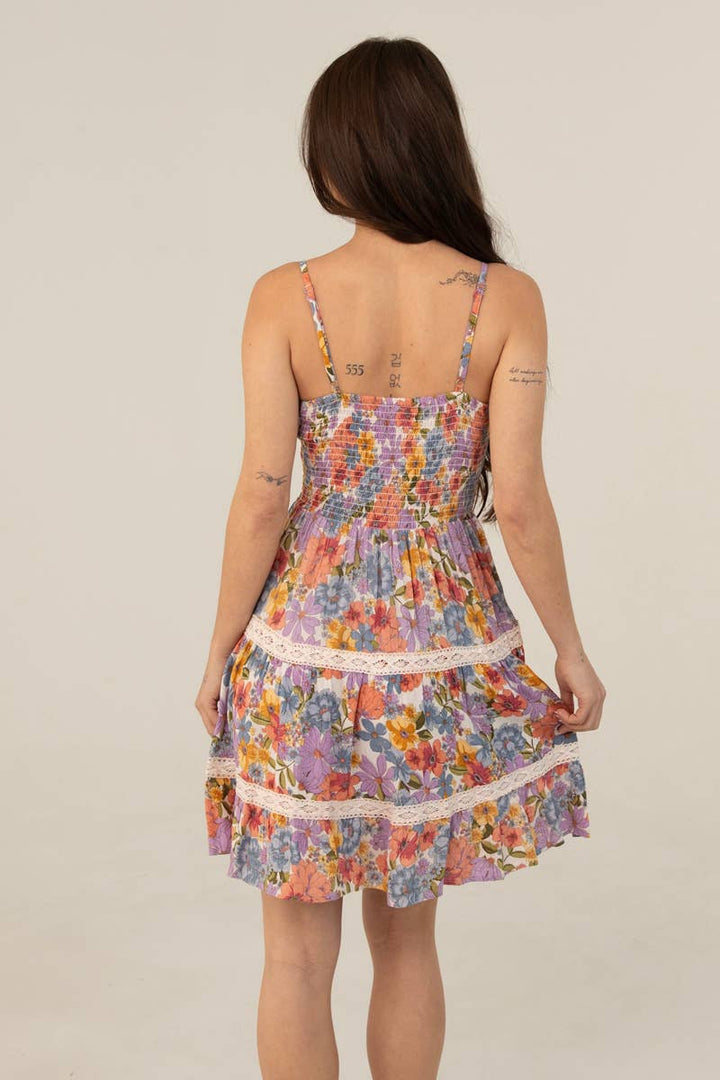 Angie V Neck Twist Front Lace Trim Floral Print Sundress Ivory back