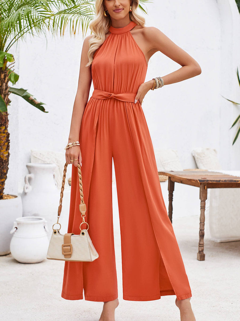 Solid Color Neck Tie Jumpsuit