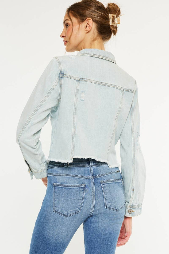 Kan Can USA Distressed Fray Hem Denim Jacket in Light Wash 4