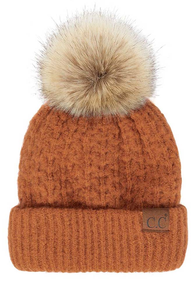 Hana - C.C. Smocking-Stitch Cuffed Pom Beanie in Light cinnamon