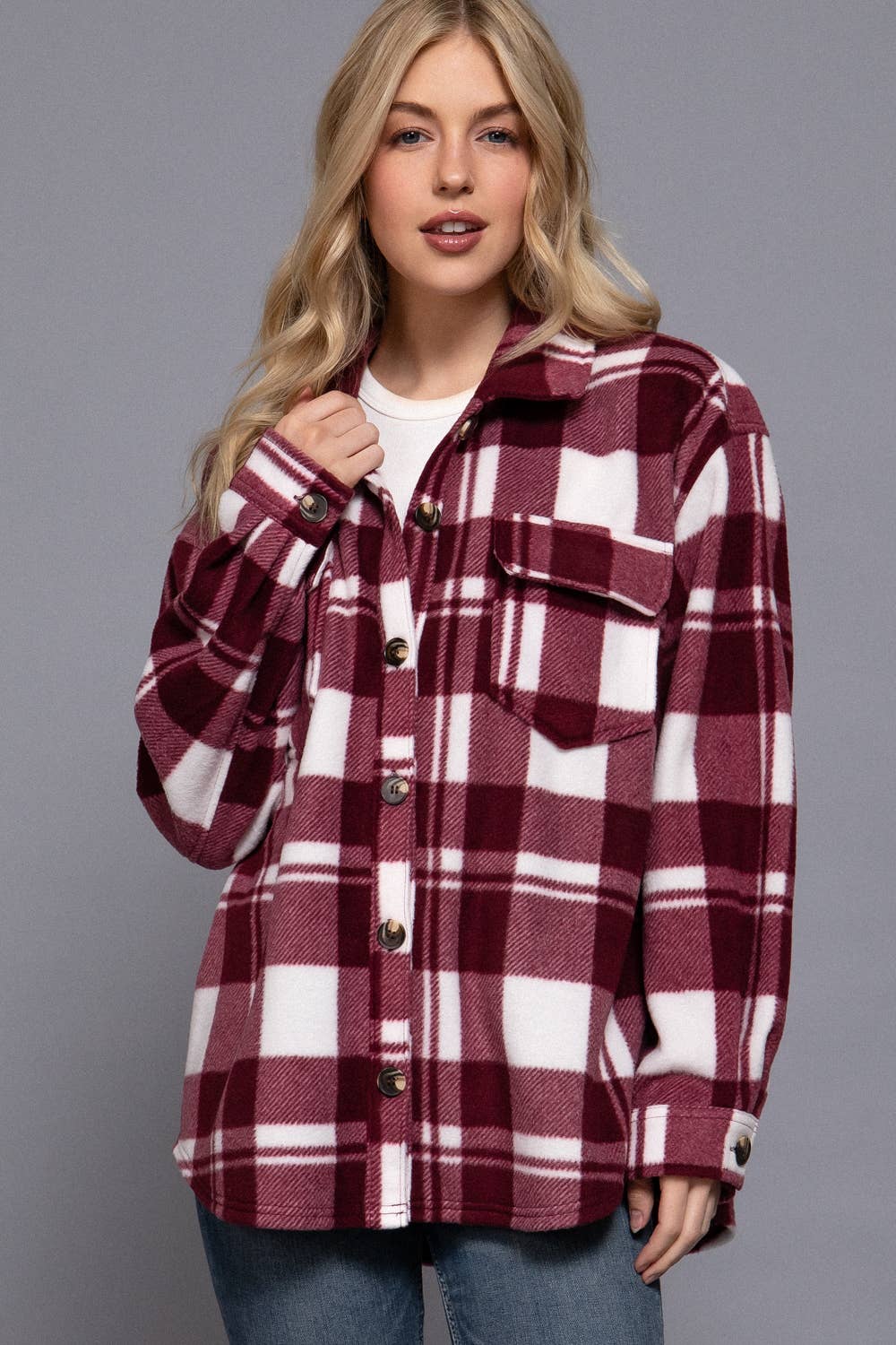 Long Sleeve Check Printed Fleece Shacket Burgundy 