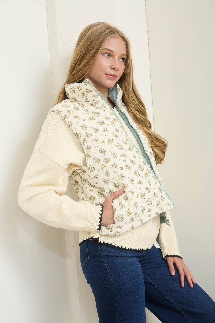 Blu Pepper - Cream Multi Floral Zip-Up Puffer Vest 4