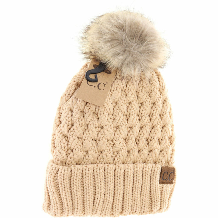 C.C Beanie Solid Lattice Fur Pom Cc Beanie Yj826