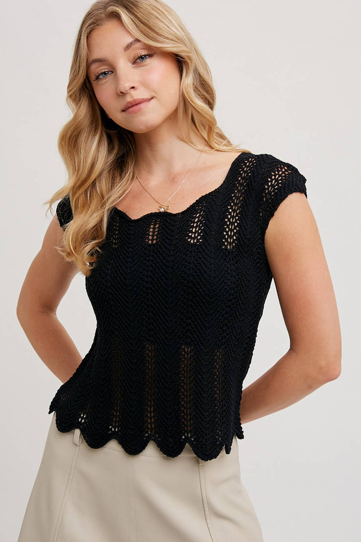Bluivy Eyelet Scalloped Hem Top - Black
