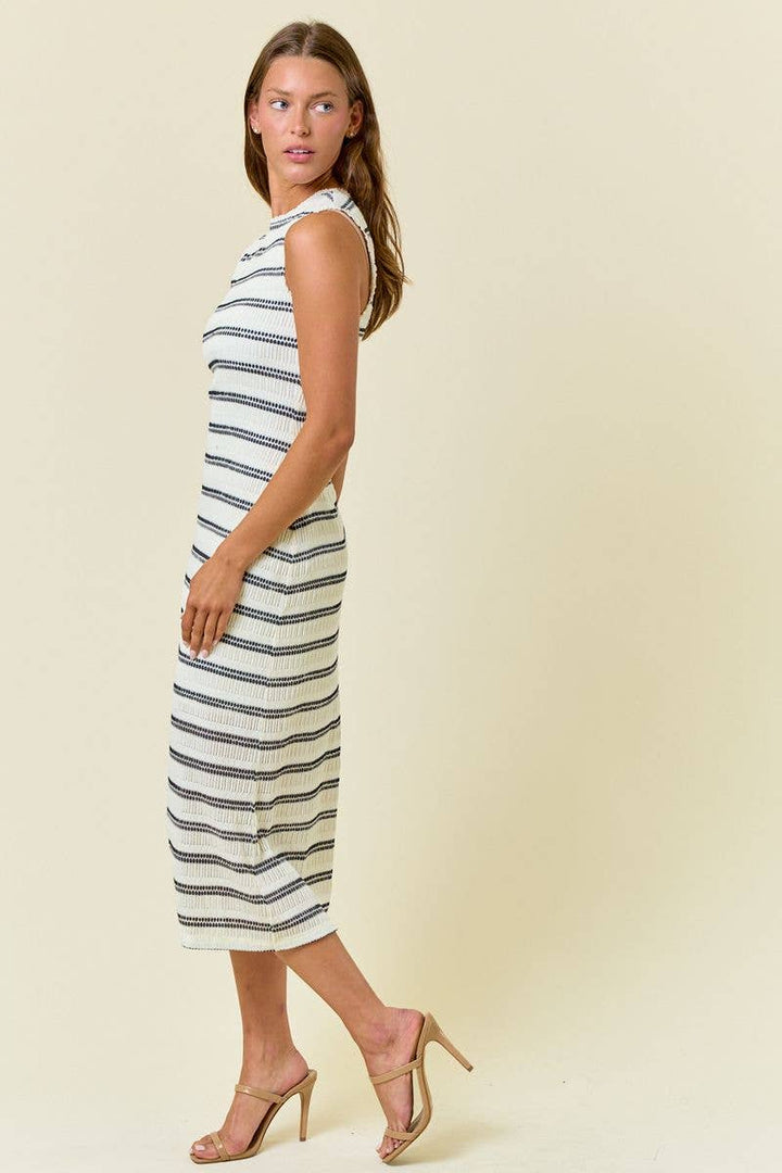 Stripe Stretch Lace Mock Neck Midi Dress3