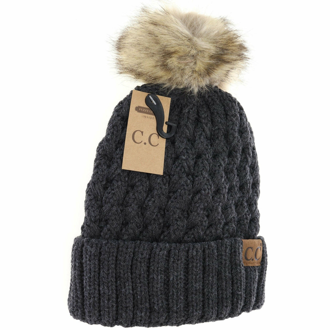 C.C Beanie Solid Lattice Fur Pom Cc Beanie Yj826