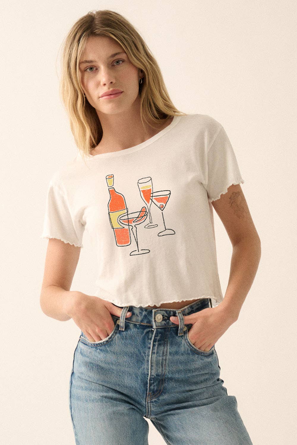 Promesa USA - Hand-Drawn Cocktails Cropped Graphic Baby Tee Ivory