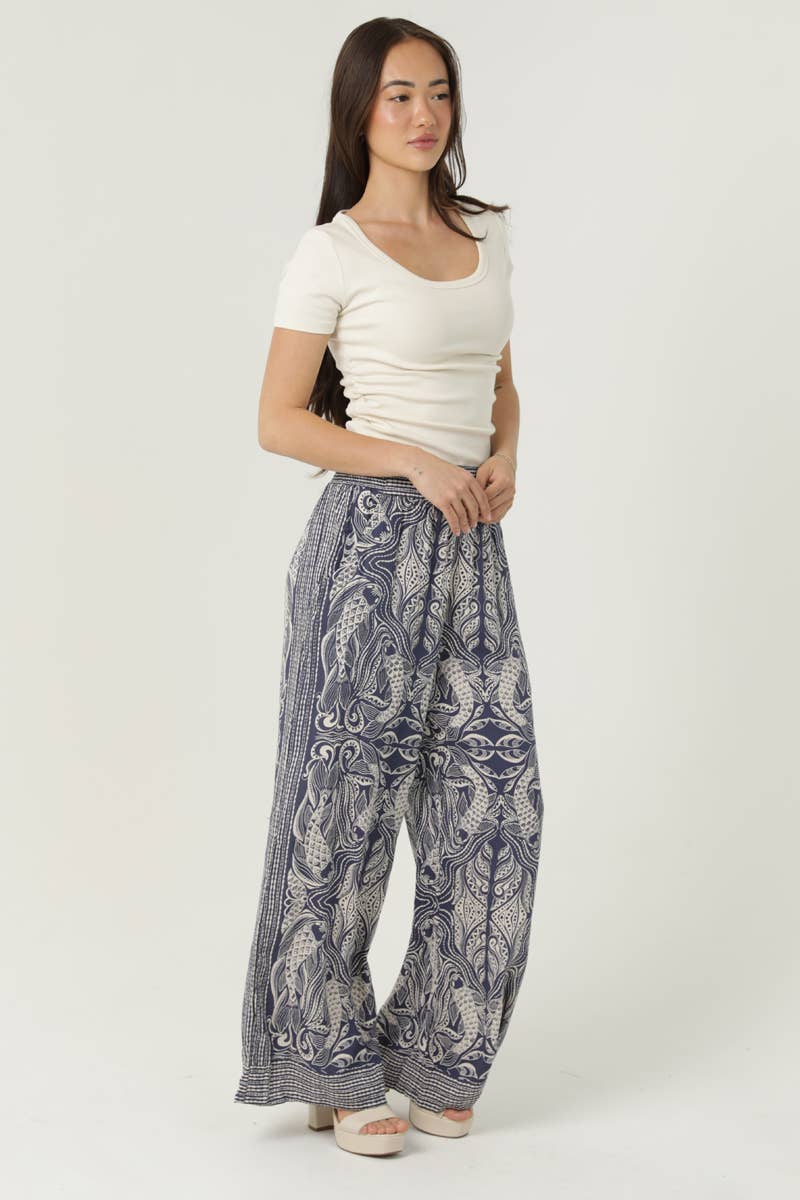 Angie Fish Print Wide Leg Pants in Navy 1