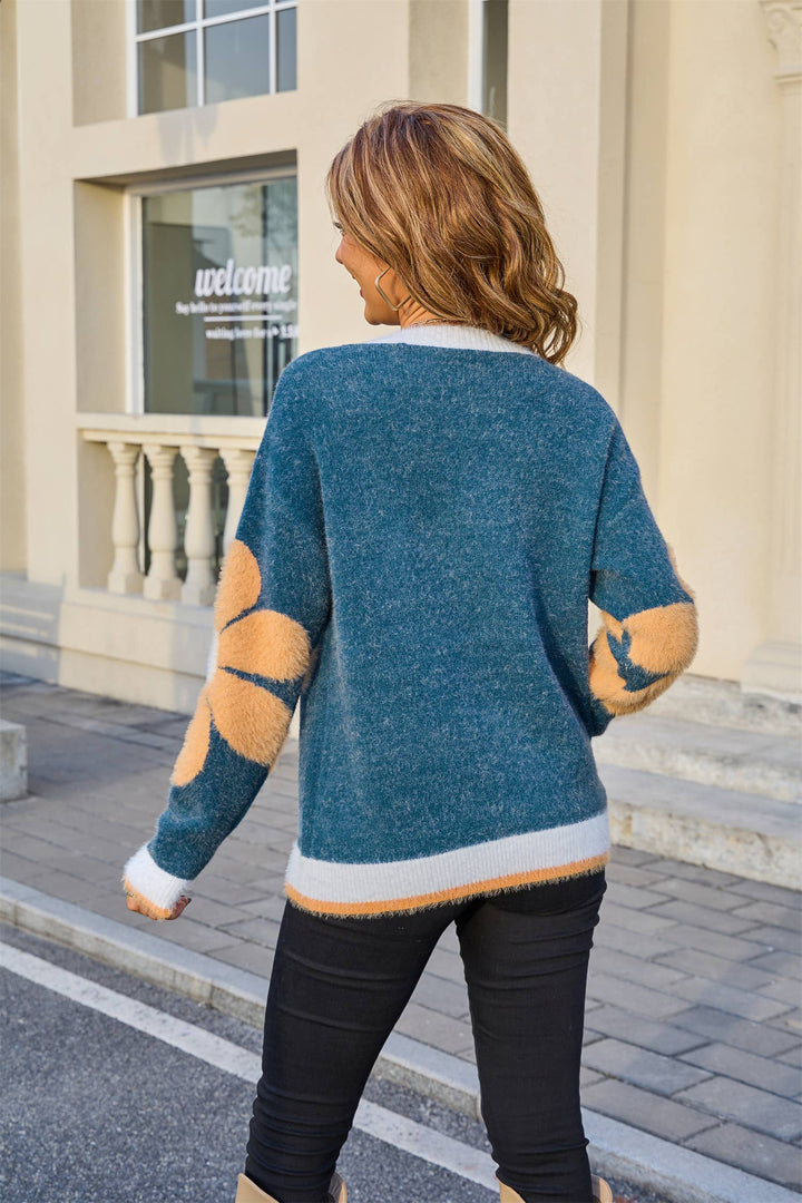 Fuzzy Flower Knit Sweater teal4