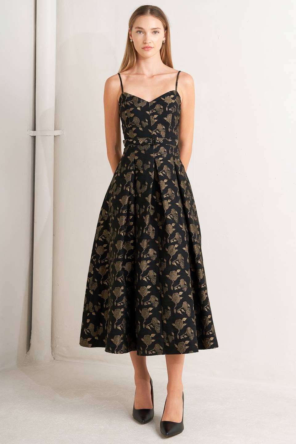 Jacquard Woven Midi Dress Black/Brown