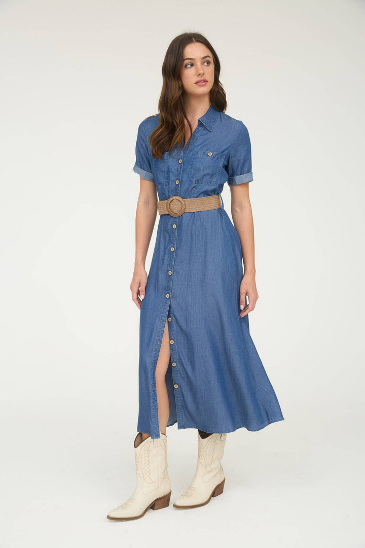 Chambray Collared Belted Shirt Dress Indigo 