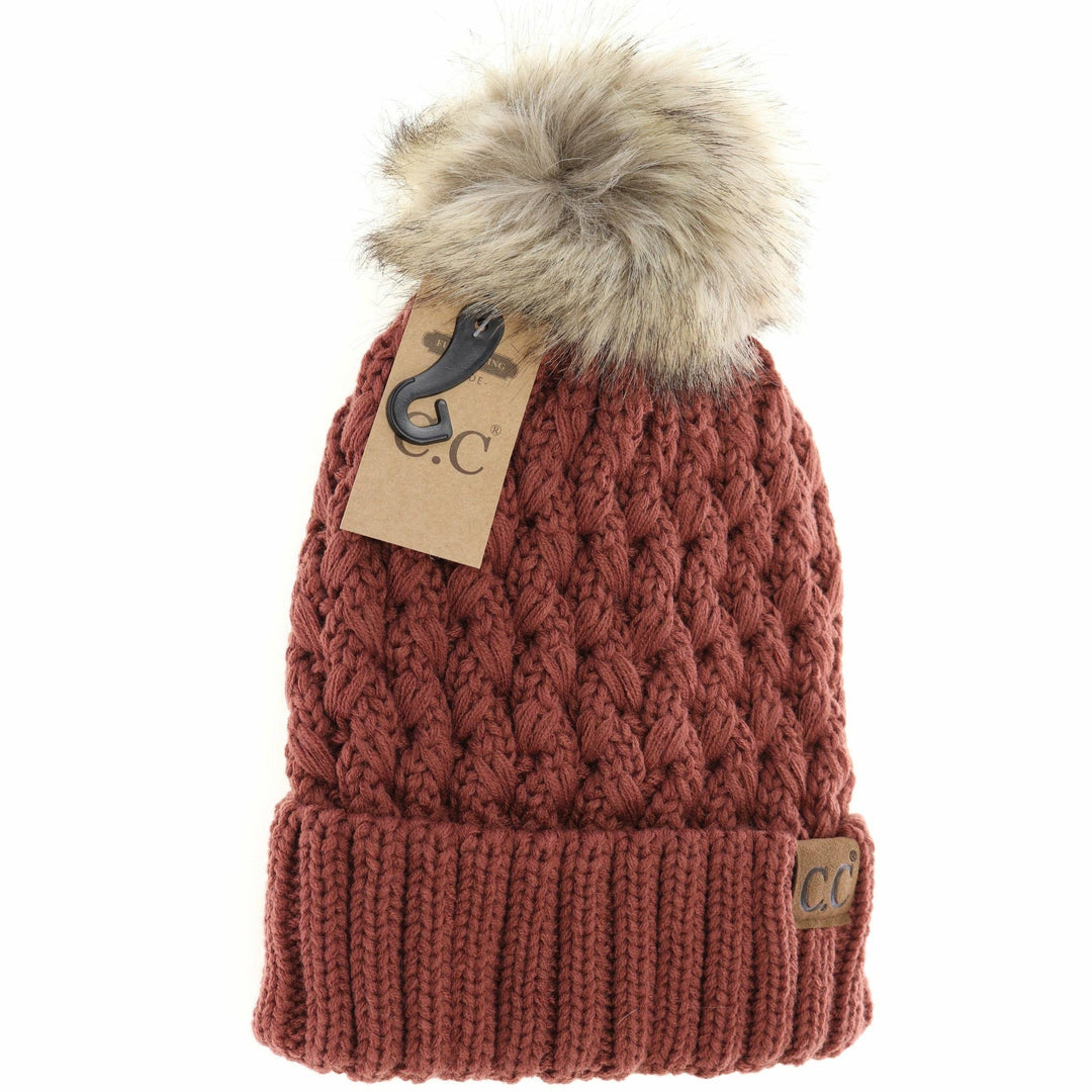 C.C Beanie Solid Lattice Fur Pom Cc Beanie Yj826