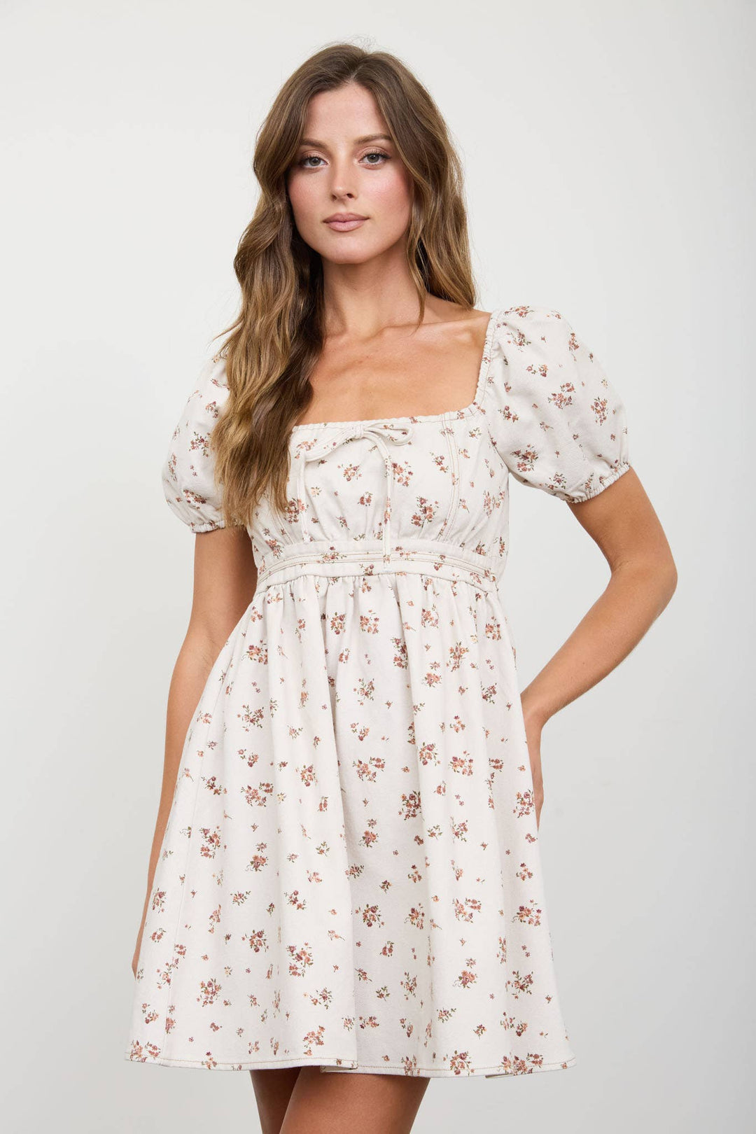 Blu Pepper - Ditsy Floral Puff Sleeve Square Neck Mini Dress in Oatmeal 4