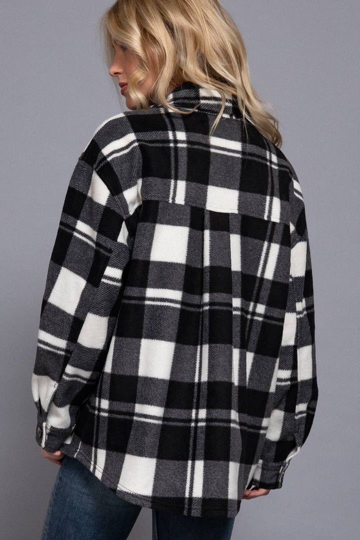 Long Sleeve Check Printed Fleece Shacket Black 1