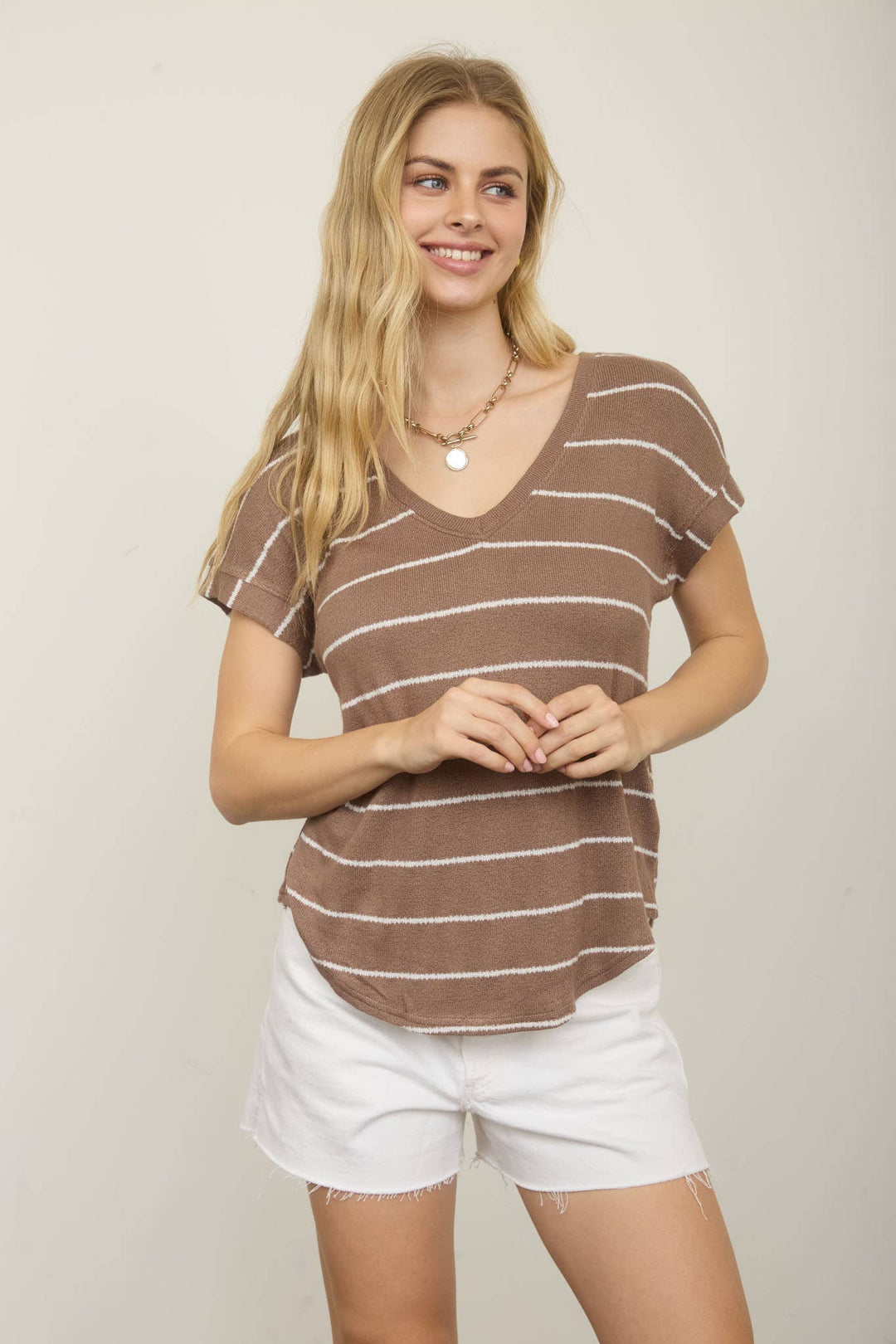 Blu Pepper - Stripe V-Neck Cuffed Short Sleeve Knit Top in Mocha