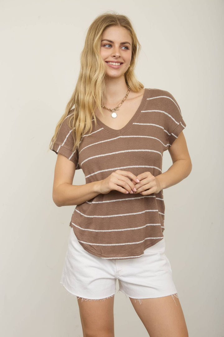 Blu Pepper - Stripe V-Neck Cuffed Short Sleeve Knit Top in Mocha